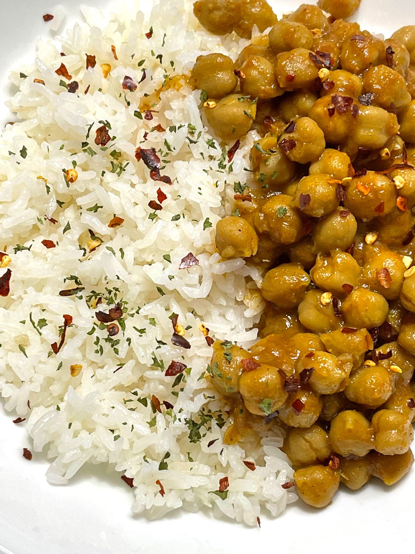 white jasmine rice served with chickpea curry