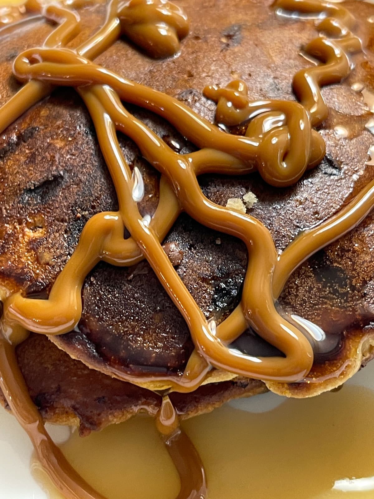 oat milk pancakes topped with caramel